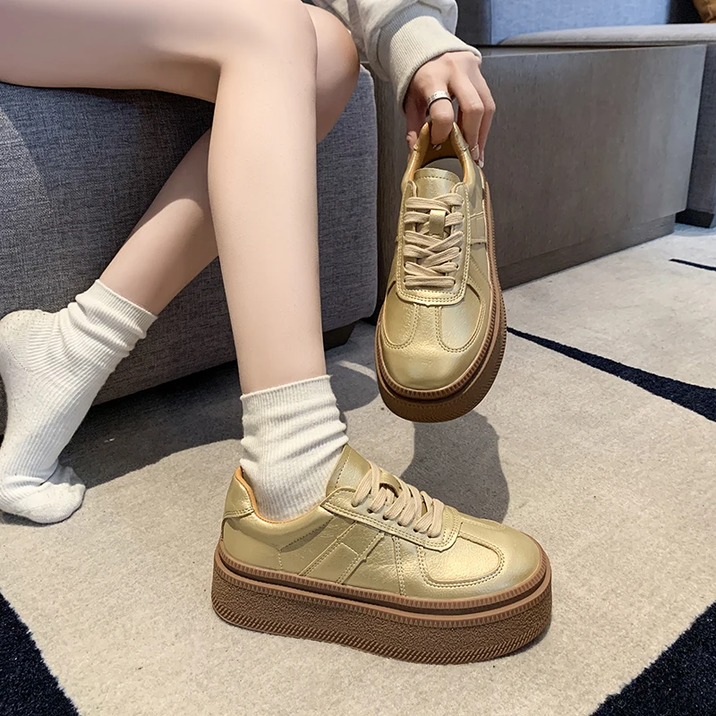 Gold Silver Fashion Women Sneakers High Platforms Comfort Casual Ladies Shoes Round Toe Cross-tied Genuine Leather Shoes Woman