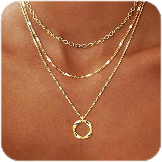 Colares em Camadas Banhados a Ouro 14K para Mulheres, Modernos, Empilháveis, Delicados, Corrente Banhada a Ouro, para Camadas, Estilo Praia, Fofo e Elegante