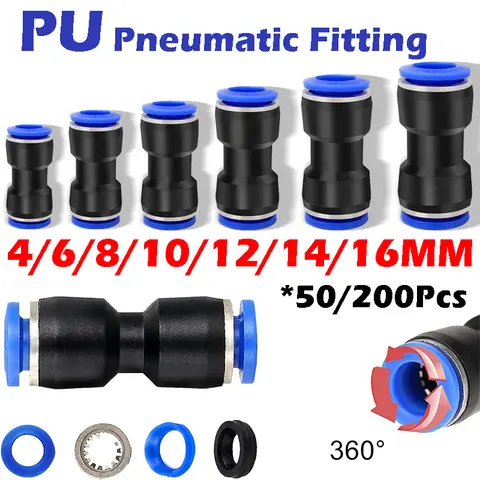공압 피팅 플라스틱 커넥터 PU 4, 6, 8, 10, 12, 14, 16mm 에어 워터 호스 튜브, 푸시 인 스트레이트 가스 퀵 커넥터, 50/200 개