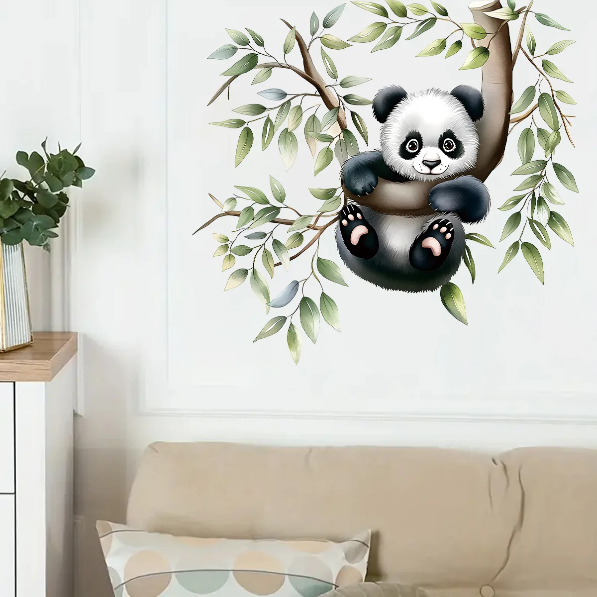 Cartoon Watercolor Cute Panda Climbing Trees Wall Stickers for Kids Room Background Bedroom Decoration Home Decor Accessories