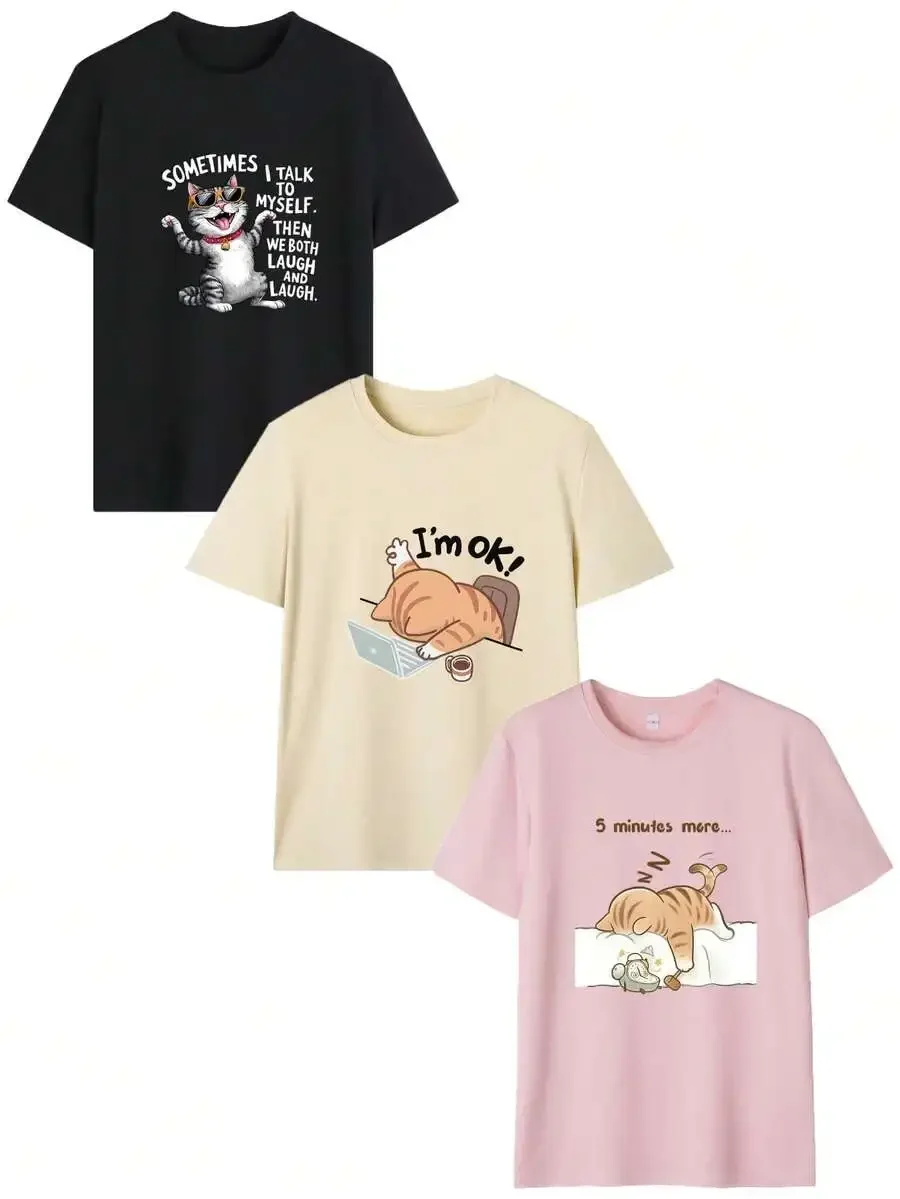 3Pcs Cute Cat Cartoon Graphic T Shirt Set Women Summer Kawaii Aesthetic Short Sleeve Top Pack Crew Neck Casual Loose Harajuku Clothes