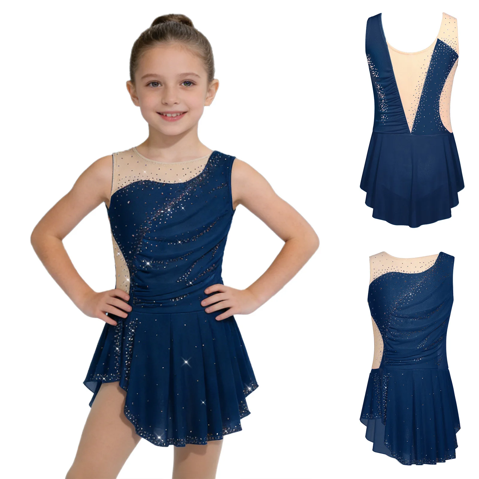 

Child Girls Ballet Latin Dance Costume Modern Dancewear Sleeveless Patchwork Sparkling Rhinestones Ruched Mesh Side Slit Dress