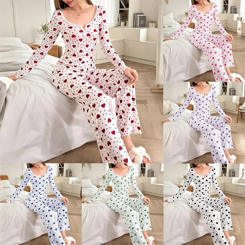 

Print Pajama Sets Two Pieces Women Sleep Lounge Ankle Length Pants Slim Fit Pullover Long Sleeve Tops Casual Slight Strech