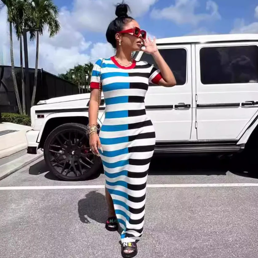 

Long Dress Women Dresses Striped Vestidos Streetwear Maxi Short Sleeve Elegant Splice Y2k Casual Loose Summer Beach Club Summer