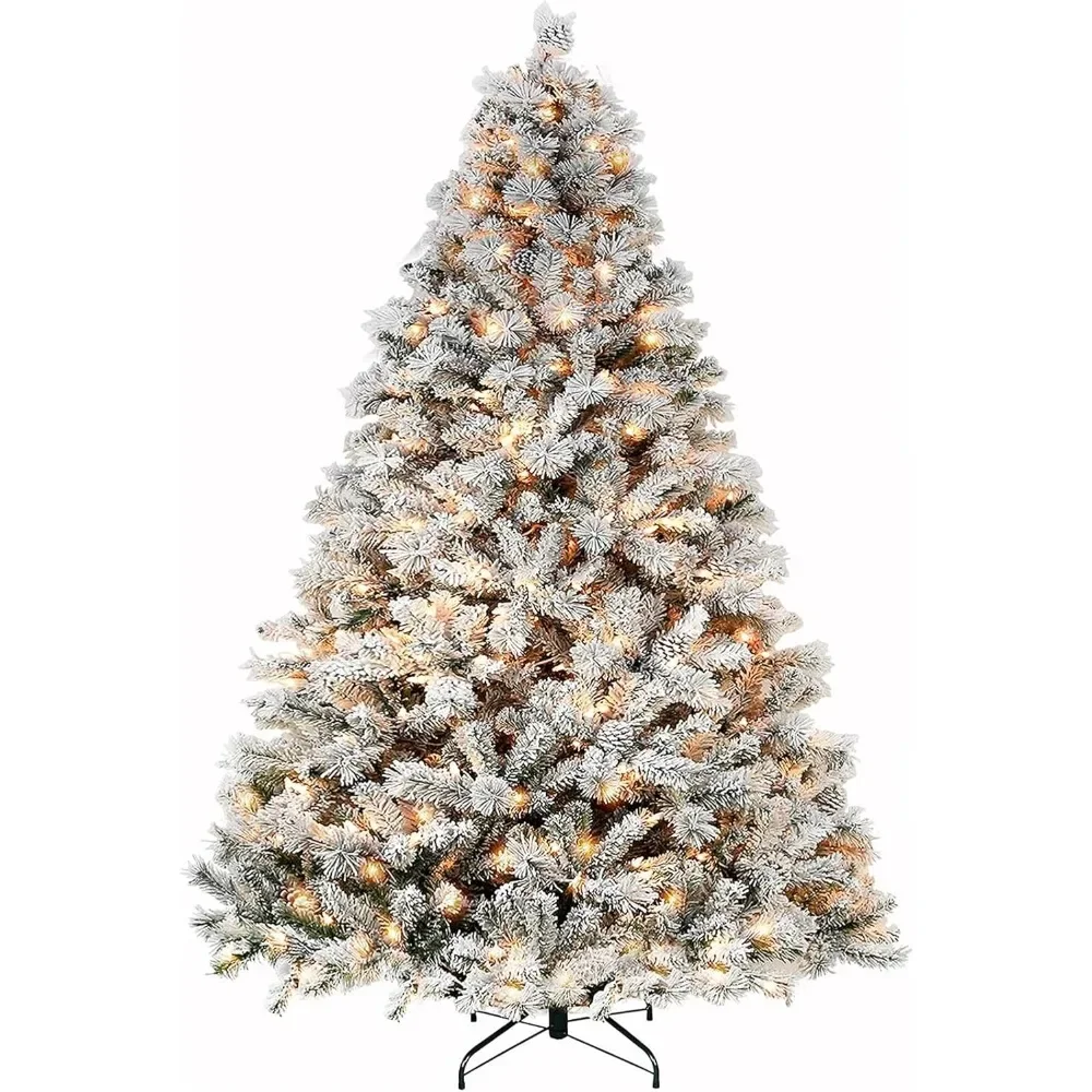 Christmas Tree 7.5 Ft Snow Flocked with Pine Cones, Artificial Wih 450 Warm White Lights, 1446 Tips, Metal Stand Christmas Tree