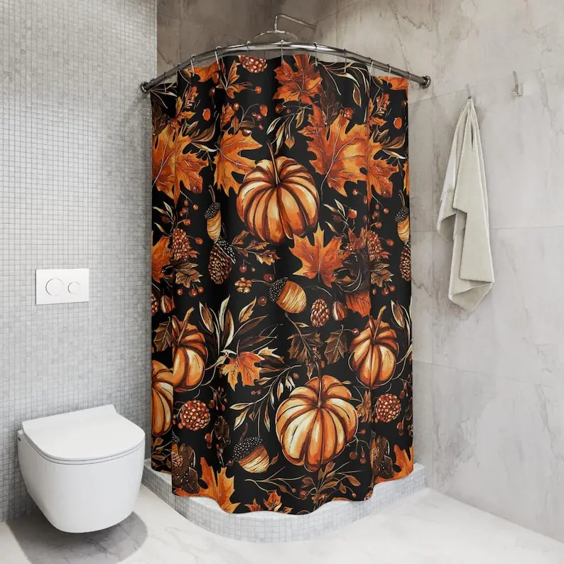 New in 2026 Autumn Harvest Shower Curtain |   Pumpkins, Leaves, Acorns, Rustic Farmhouse Decor