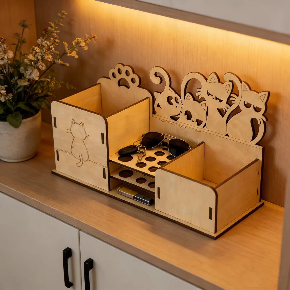 Cute Cat Themed Wooden Desktop Organizer Multi-Compartment Storage Box for Remote Control Keys Small Items Home Office Decor