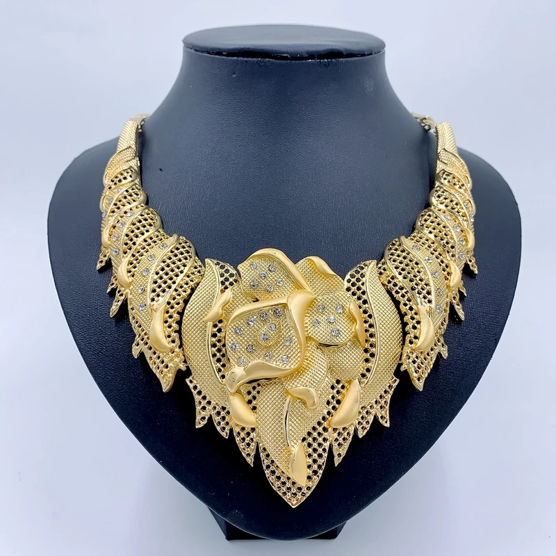 African Jewelry Set for Women Big Necklace Dubai Ethiopian Gold Color Jewelery Earrings Bracelet Bridal Jewelry Sets Wedding