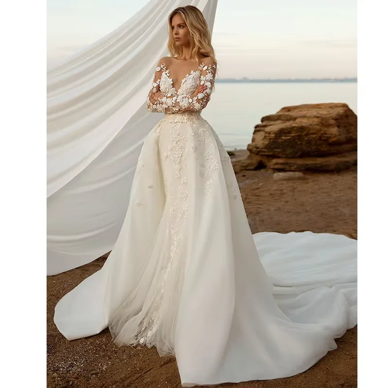 Customized  Bohemia Wedding Dresses Elegant Women Sexy V-Neck Mermaid Detachable Two In One Applique Button Bridal Gowns