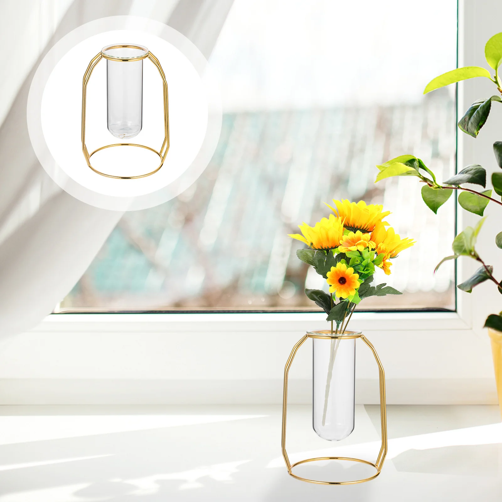 

1Pcs Hydroponic Planter Iron Rack Glass Tube Vase Green Plant Container Decorative Floral Holder for Office Hotel