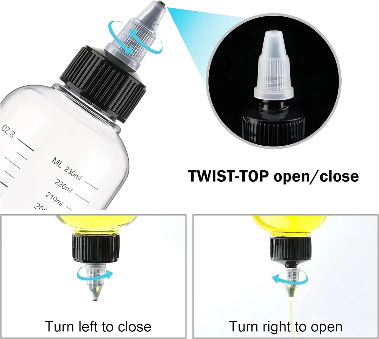 5 Stück 30/250/ml abgestufte Plastik-Quetsch flaschen mit Twist-Top-Cap-Tattoo-Pigment tinten behältern