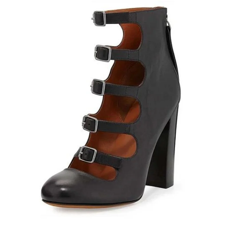 

Fashion Buckle Strap Women Chunky Heels Pumps Round Toe PU Black Matte Leather Back Zipper Cage Shoes Big size 46