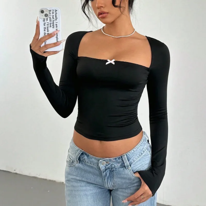 

XED-Rui Chou Independent Station Sexy Square Neck Long SleeveTT-shirt Autumn Slim Pullover Top Base Layer