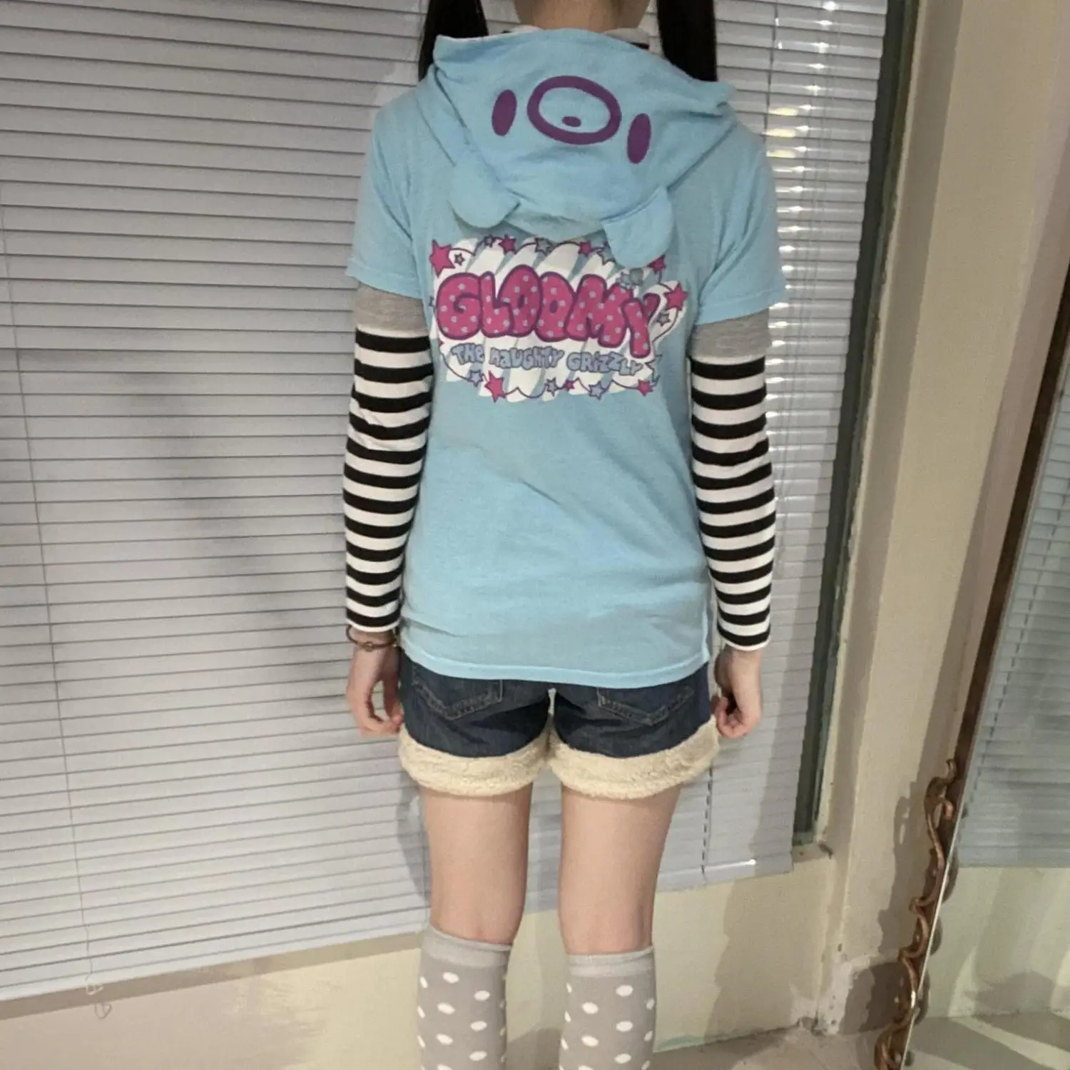 Retro Style Short Sleeve Hoodie T-Shirt Pastel Blue Y2K Spring Autumn Violence Bear Letter Print Women's Standard Fit Polyester