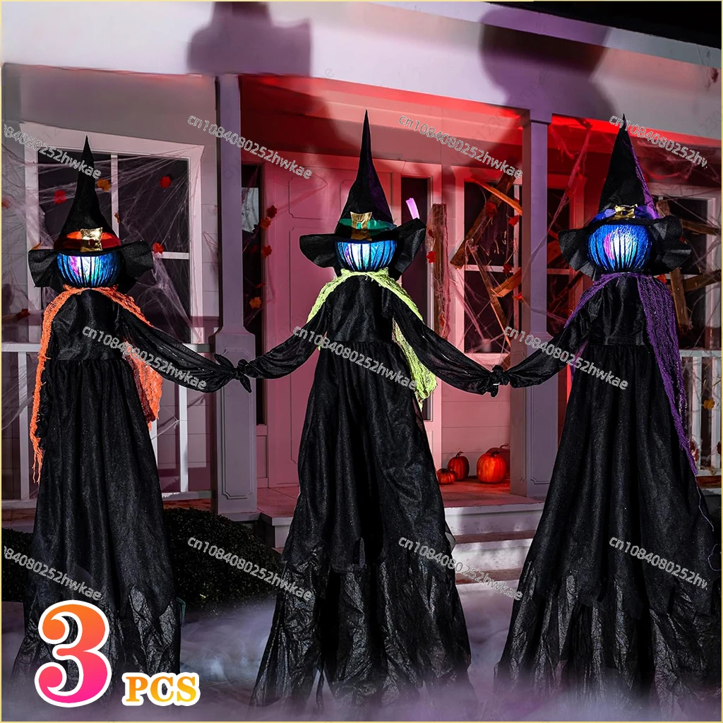 3PCS Halloween Colourful Glow Three Hand-Holding Witches Sound-activated Hand-holding Witch Halloween Light Up Decoration Props