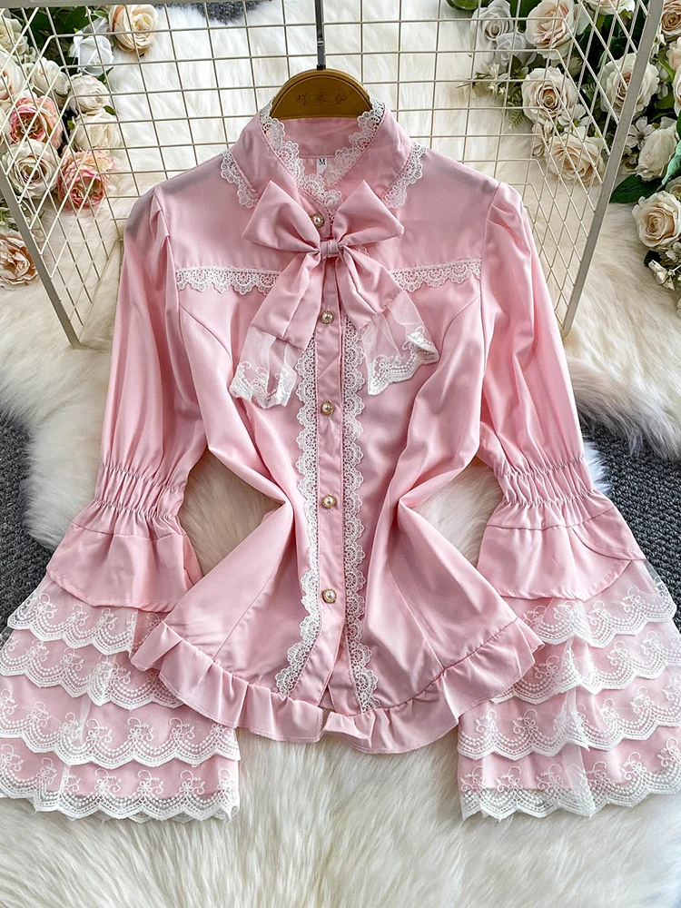 

Женская осенняя рубашка во французском стиле в стиле ретро, кружевная лоскутная рубашка с воротником-стойкой, милый бант, расклешенные рукава, женская блузка, топ, женская BL227