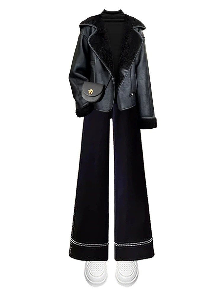 ชุดเสื้อแจ็คเก็ตมอเตอร์ไซค์ฤดูหนาวและกางเกงยีนส์ทรงตรงเอวสูงพร้อมเข็มขัดดีไซน์เข้าชุด สีพื้น