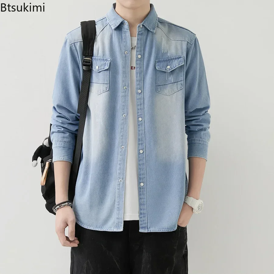 2024 Spring Summer Men\'s All-Match Long Sleeve Denim Shirt  Korean Slim Fit Tooling Jean Jacket Classic Fashion Simple Tops Male