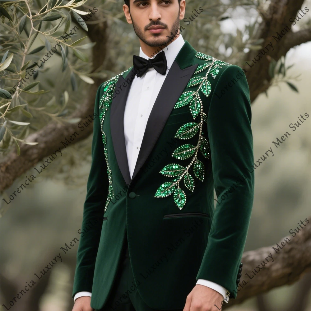 

Luxury Jewelry Suits for Men 2 Piece Flat Collar Tuxedos Banquet Party Outfit Customized Blazer Pants ternos masculino completo