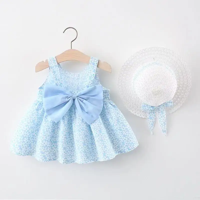 Baby dress summer bow floral print girl princess dress+hat 0-3 year old flower sleeveless girl suspender dress