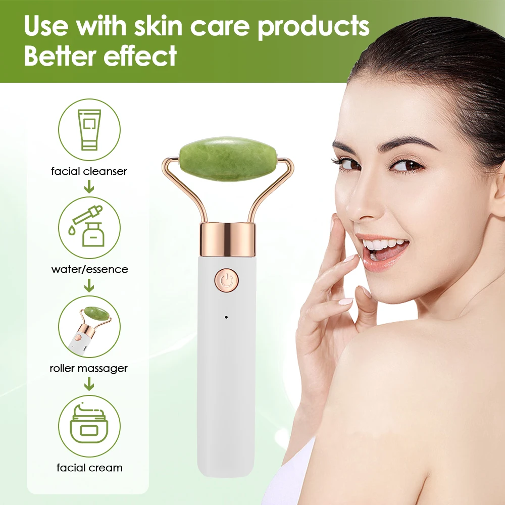 Beauty Wand เครื่องนวดหน้าไฟฟ้า Vibrating Rose Quartz Aventurine หยก 3D Roller Face Lifting Body Facial Gua Sha Jade Roller