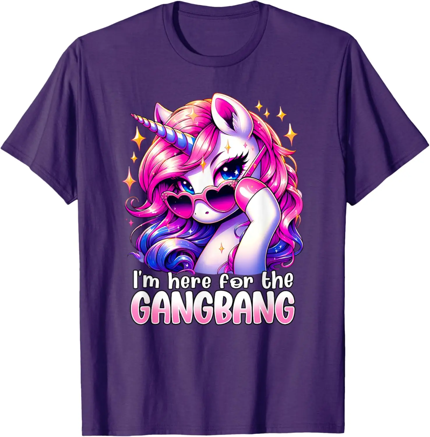 Kawaii Unicorn I'm Here For The Gangbang Funny Adult Humor Graphic Tee Short Sleeve T-Shirt
