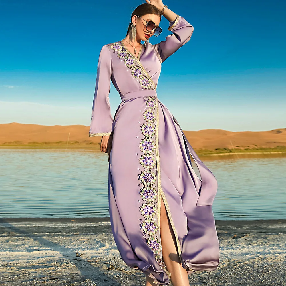 Eid Ramadan Muslim Open Abaya Women Elegant Kaftan Islamic Long Dresses Purple Hand-stitched Diamond Maxi Evening Luxury Robe