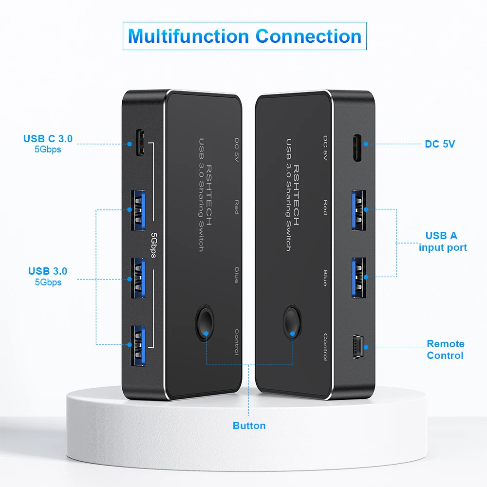 RSHTECH USB C KVM Switcher dengan Pengontrol 2 Komputer Berbagi 4 Port USB 3.0 5Gbps Switch Selector untuk Keyboard/Mouse/Flash Drive