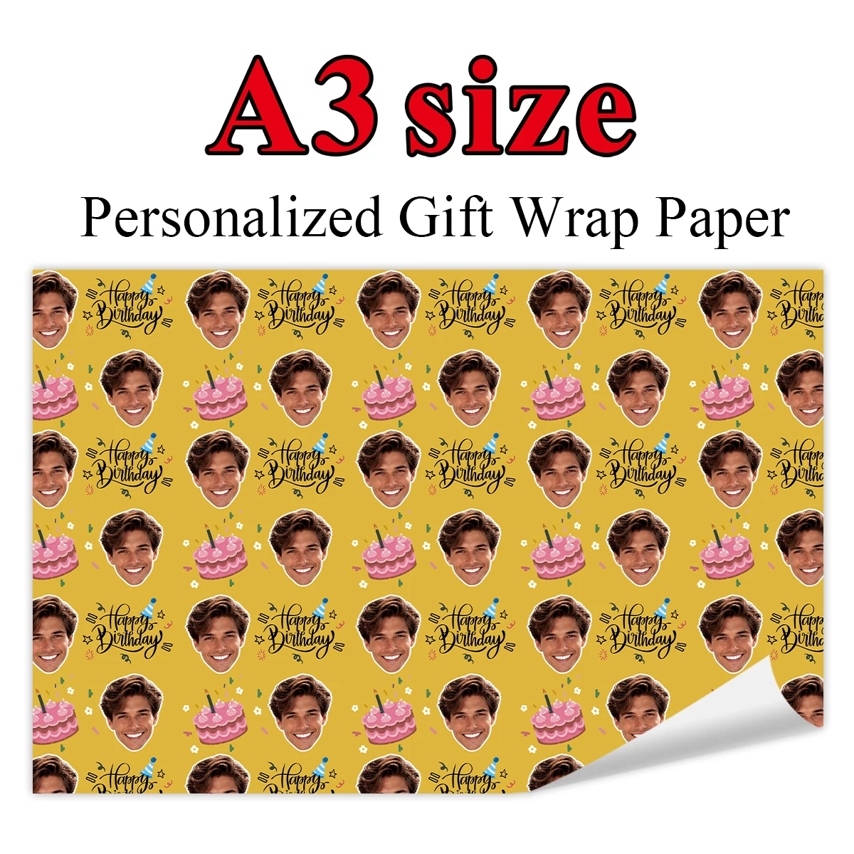 3pcs Colored Custom Face Happy Birthday Decorative Paper,Personalized Portrait Photo Gift Wrap For Birthday Party,Box Packaging