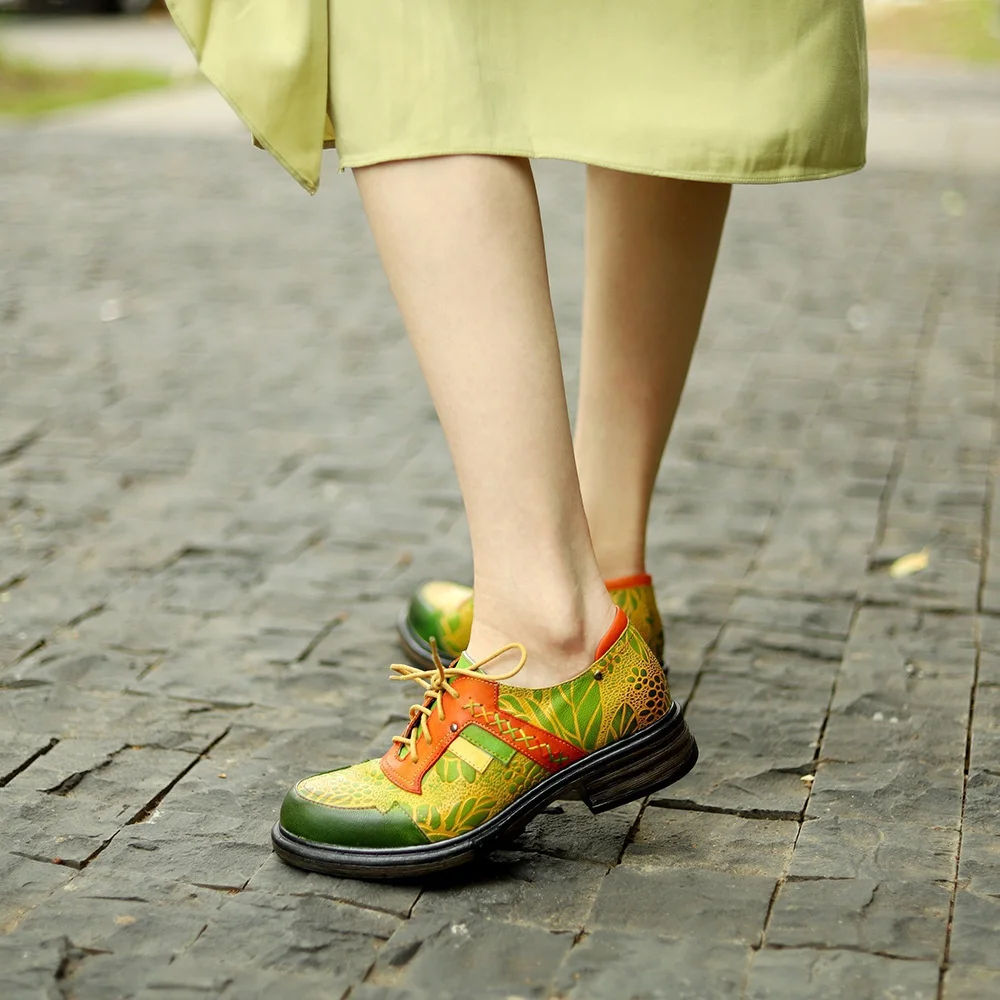 

Spring and autumn new spot printing lace-up casual round head thick heel leather retro contrast color women's leather shoes