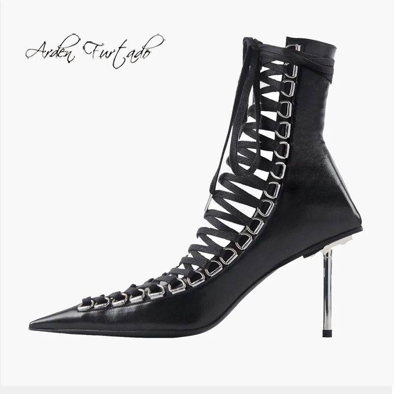 

Arden Furtado 2024 Summer Genuine leather Cross tied Short boots Pointed toe Hollow Metal Stilettos heels Cool boots