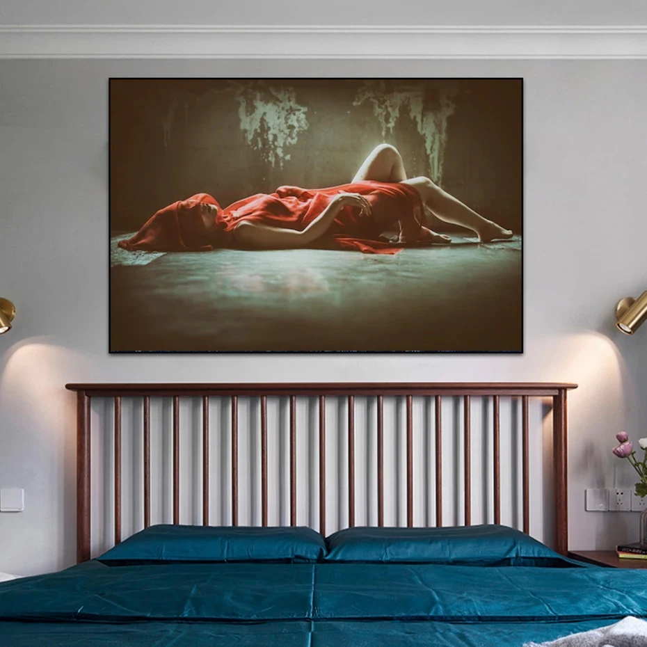 Sexy Nude Woman Poster Print, Red Silk Scarf, Wall Art Canvas Painting, Black and White Pictures Living Room, Nordic Home Decor