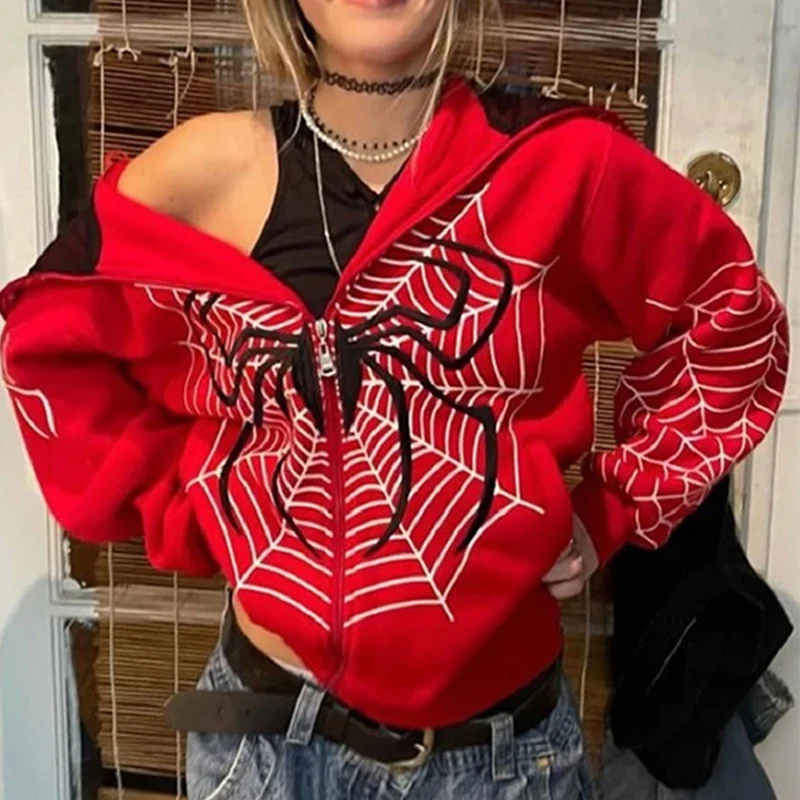 Y2K Retro American Women\'s New Loose Printing Jacket Tide Red Spider Long Sleeve Zip Up Gothic Punk Fashion Casual Sweatshirts