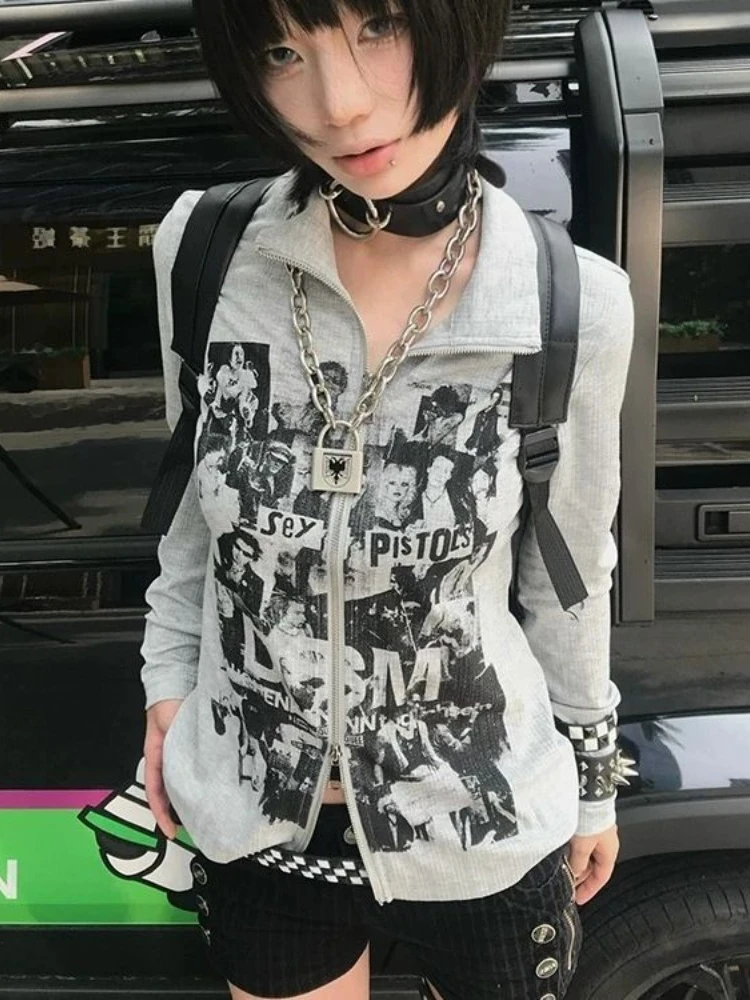 HOUZHOU-Sudadera con capucha para mujer, ropa de calle estilo Harajuku, Grunge, Y2k, Retro, Punk, Hip Hop, con estampado de grafiti y cremallera, otoño de 2024