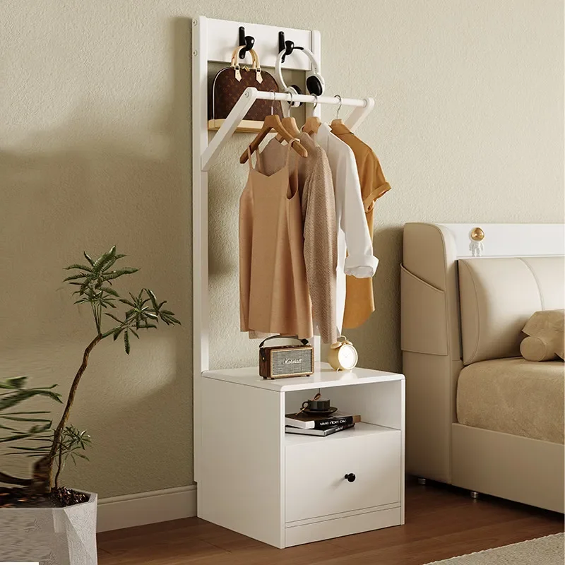 All-Solid Wood Nightstand Coat Rack Integrated Multifunctional Storage Rack for Bedroom and Living Room with Hanging Rack