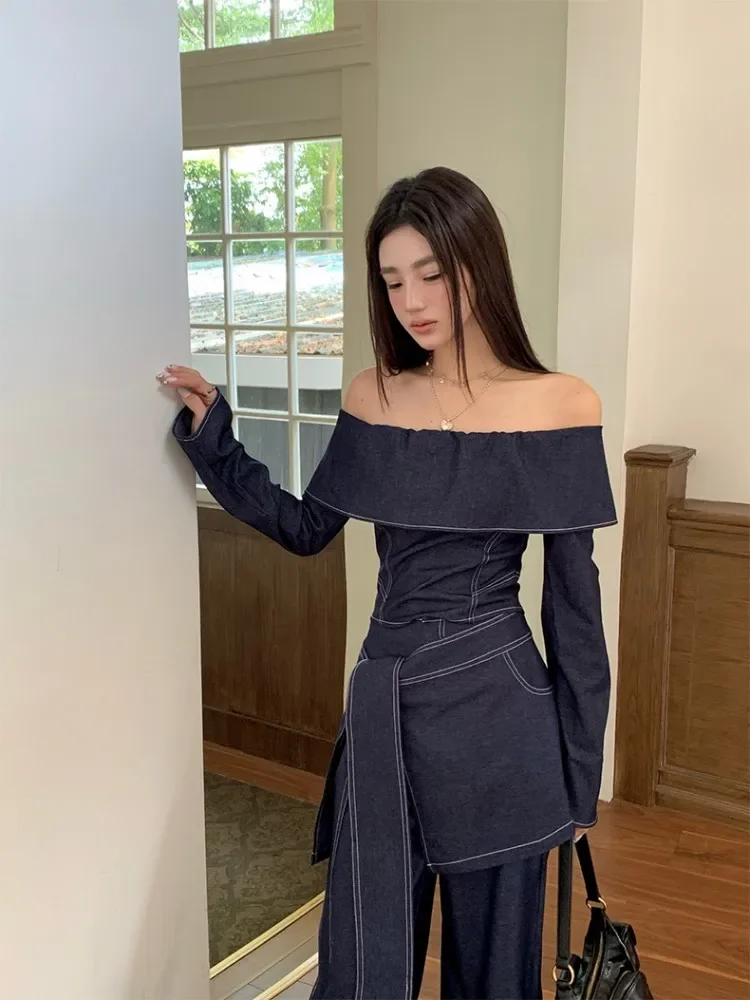

Retro Denim Suit Women'S Spring And Autumn One Shoulder Top Paired With High Waisted Wide Leg Pants+Fart Curtain Three Piece Set