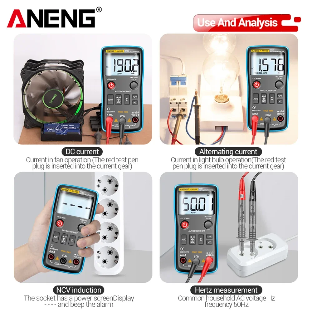 ANENG AN113B Digital Multimeter True RMS with Temperature Tester 6000 Counts Auto-Ranging AC/DC Transistor Voltage Meter