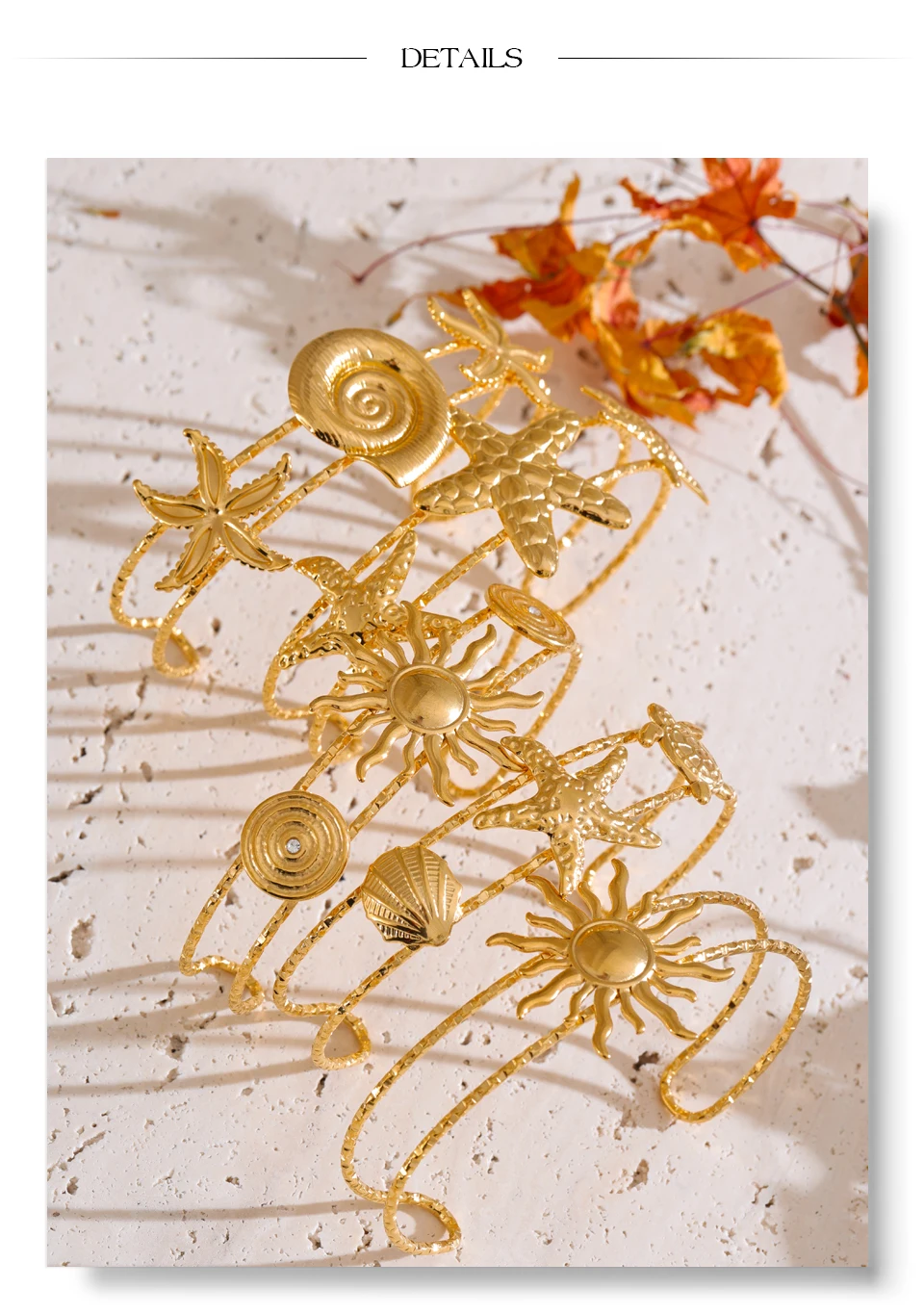 Yhpup Ocean Series Golden PVD Starfish Shell Sun Cuff Bracelet Open Wrist Jewelry Stainless Steel Bangle for Summer Holiday