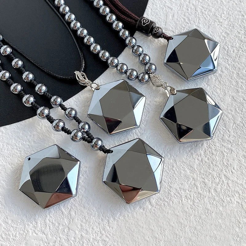 Chinese Style Lucky Fortune Blessing Terahertz Stone Hexagram Pendant Necklace Crystal Jewelry For Women Men Sweater Chain Gift
