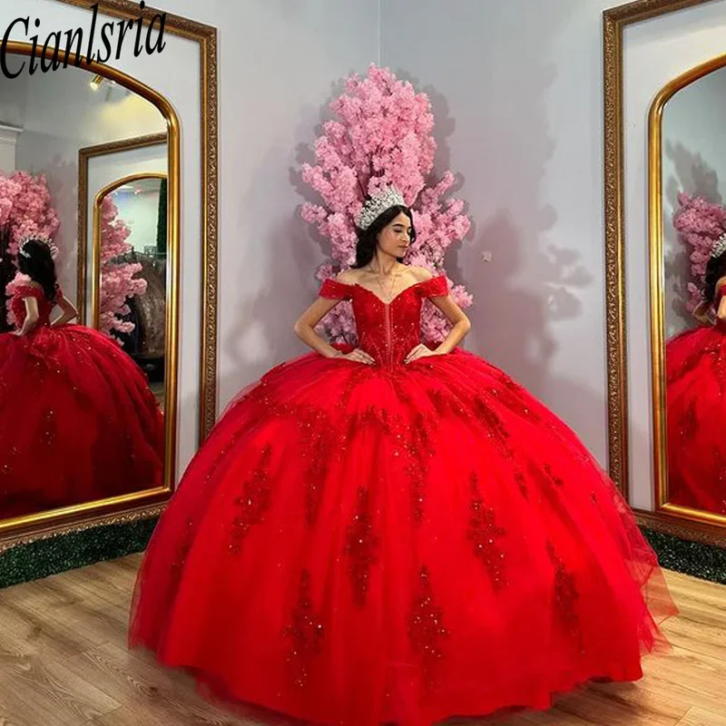 Abito da ballo principessa rosso di lusso abiti da quinceañera perline fiori applicazioni Festa di compleanno in cristallo per il 15° compleanno delle ragazze personalizzate