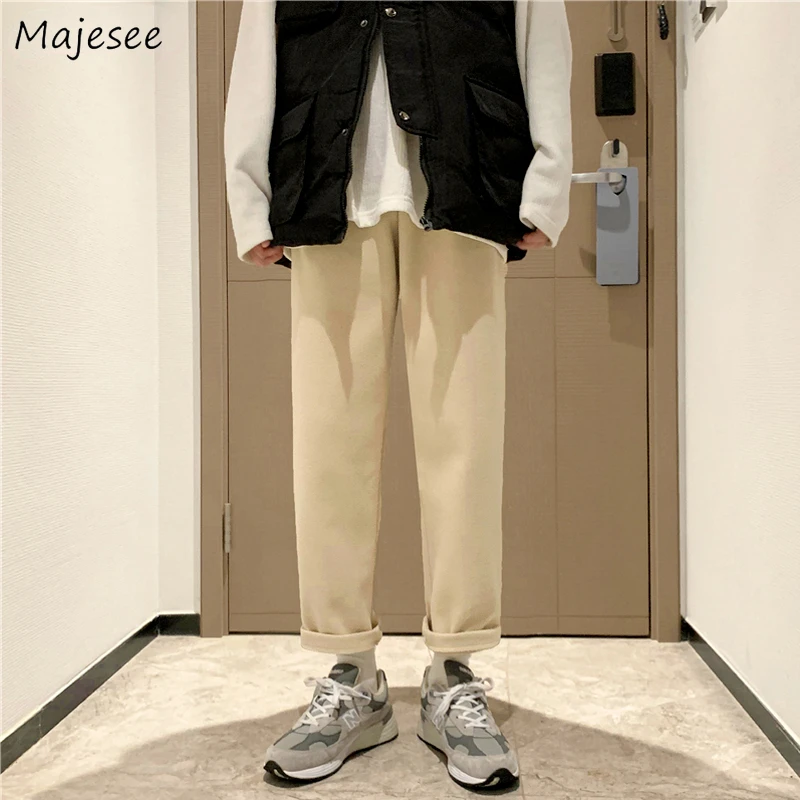 

Casual Pants Fall Elastic Waist Woolen Simple Solid S-3XL Thickening All-match Harajuku Trousers Mens Ankle-length Pantalones