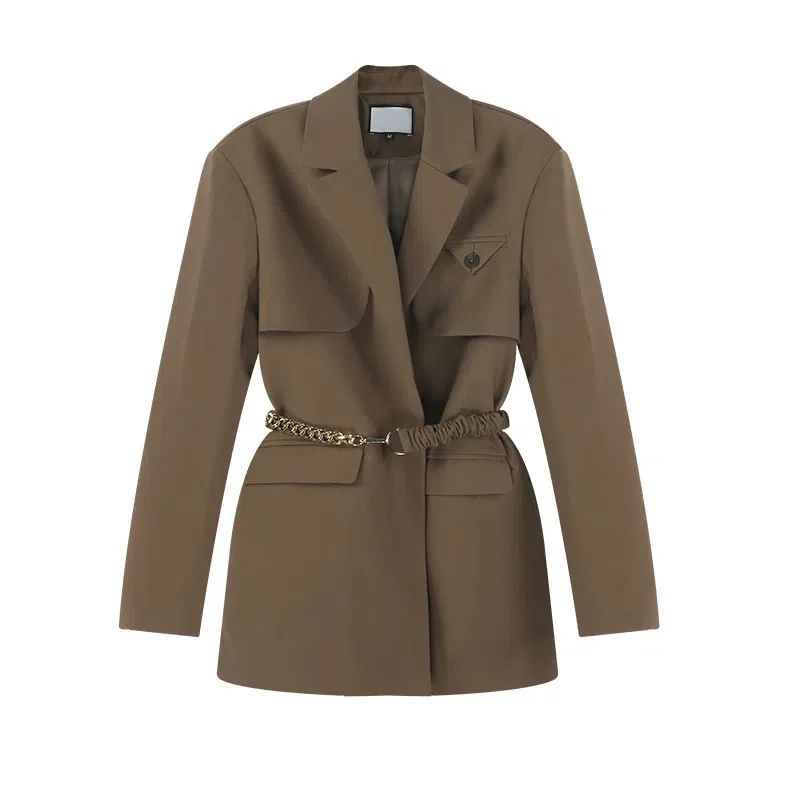 

Spring Autumn Suit Jacket Women's High-End High Street Suit Long-Sleeved Top Cardigan Jacket Ladies Blazer Lace-Up Brown C31