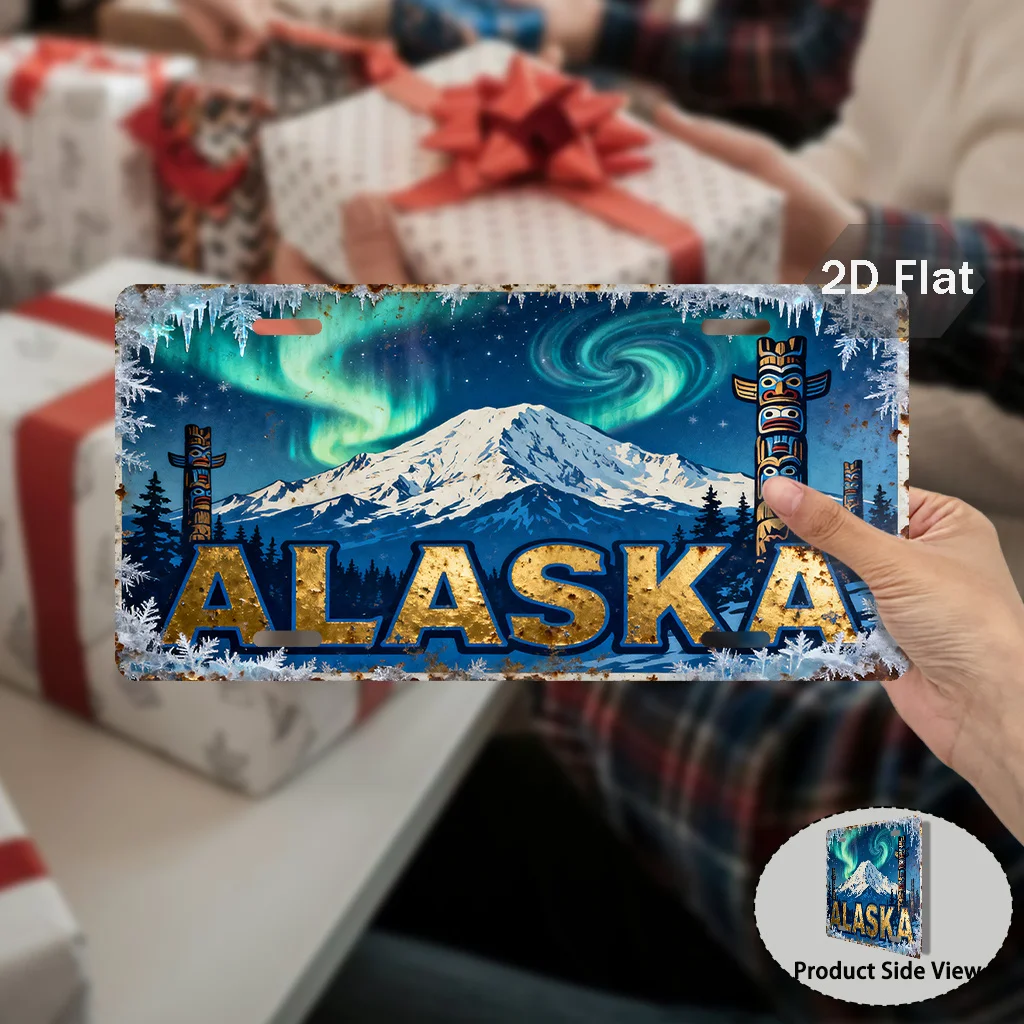 2D Flat, 1pc Vintage Alaska Aurora Borealis License Plate - Large 29.97cm x 14.99cm Retro State Car Tag, Matte with Northern Lig