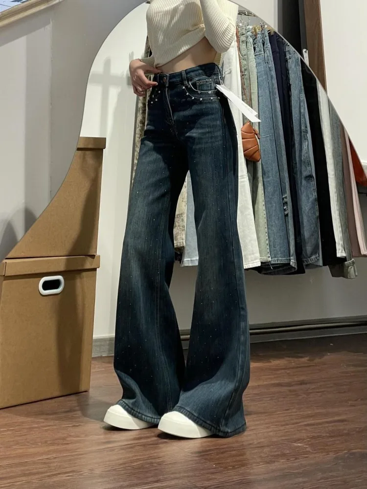 Y2K Gothic Embroidery Diamonds Denim Pants Harajuku Retro Hip Hop Low Waist Jeans Women 2000s Fashion Hot Girl Straight Trousers