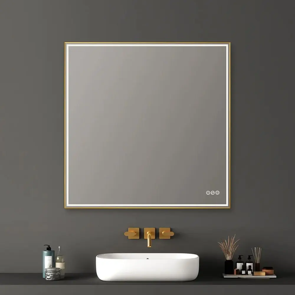 

Luxury 36 Inch Square Gold Framed Bathroom Mirror with Lights Dual Light LED Source High CRI Dimmable Vanity Mirror Hardwired A