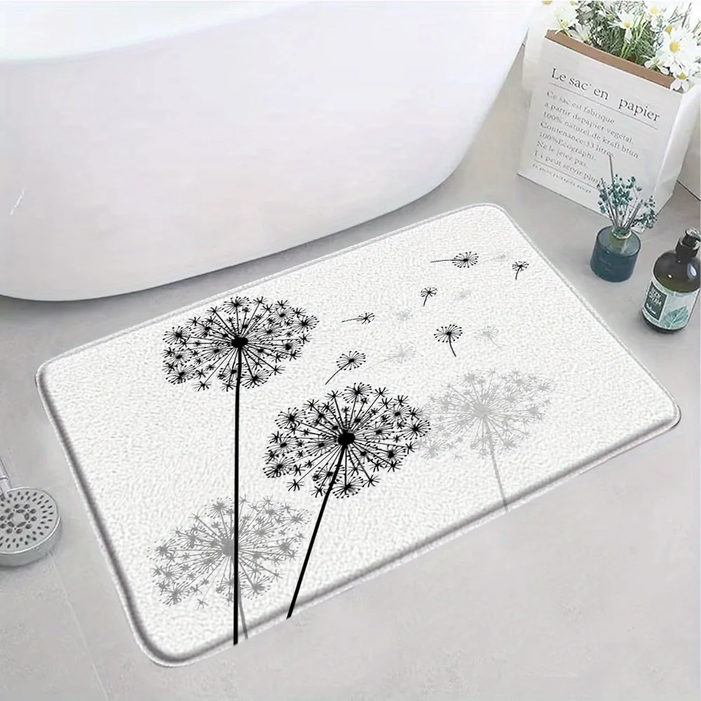 Black dandelion pattern rug, made of polyester fabric, machine washable, suitable for bedroom and living room decor.