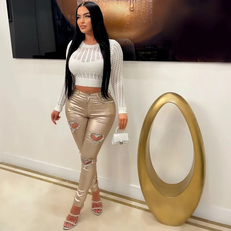

Брюки-карандаш с бриллиантами Loveheart, металлические позолоченные брюки, женские модные тонкие светоотражающие брюки на пуговицах с подтяжкой ягодиц