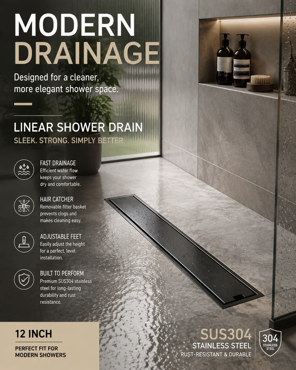 APPASO 12 Inch Linear Shower Drain, Matte Black 304 Stainless Steel, 2-in-1 Flat & Tile Insert Cover, Removable Hair Strainer, Adjustable Leveling Feet