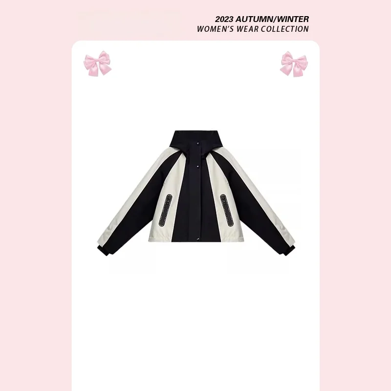 

Forever 21 Design Sensation Color Block Sportswear Jacket Women Casual Long Sleeve Coat Black White Contrast Splicing