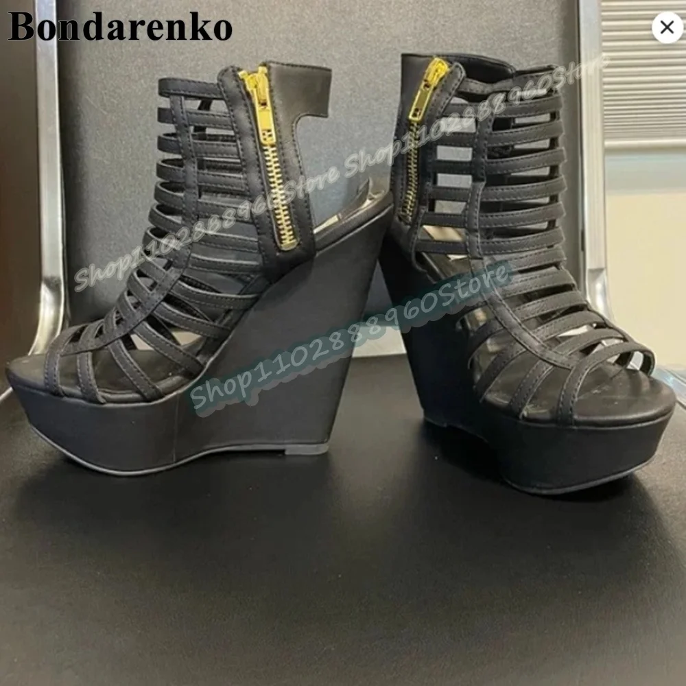 

Stylish Black Narrow Strappy Platform Casual Sandals Wedges High Heel Women Shoes Side Zipper Open Toe 2026 Zapatos Para Mujer